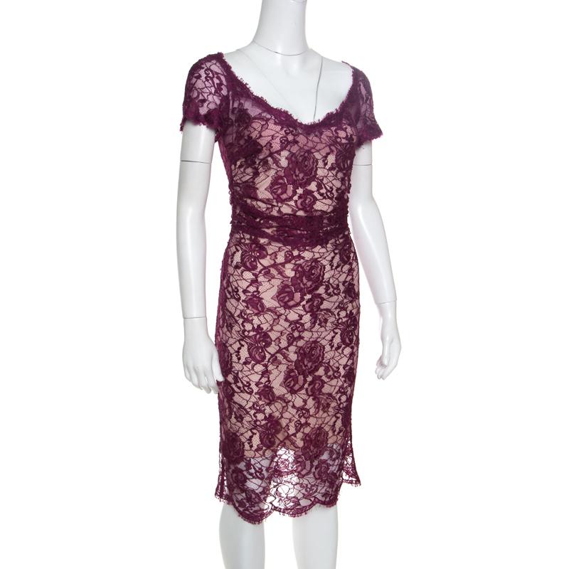 Brown Emilio Pucci Burgundy Floral Lace Scalloped Trim Ruched Dress S