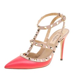 Valentino Coral Red and Beige Patent Leather Rockstud Sandals Size 38
