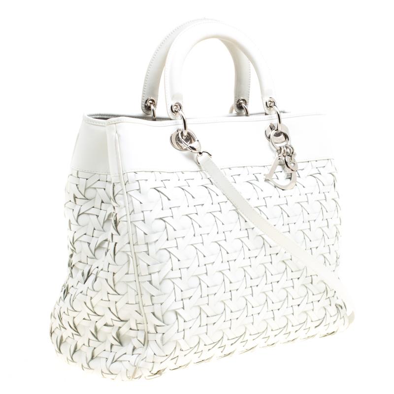 Dior White Woven Leather Lady Dior Avenue Tote 4