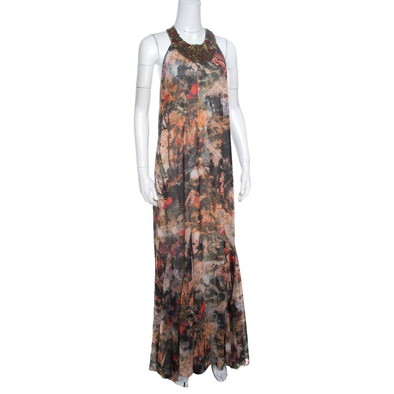 Brown Alice + Olivia Jungle Safari Print Embellished Silk Shona Maxi Dress M