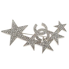 Chanel CC Star Crystal Silver Tone Pin Brooch