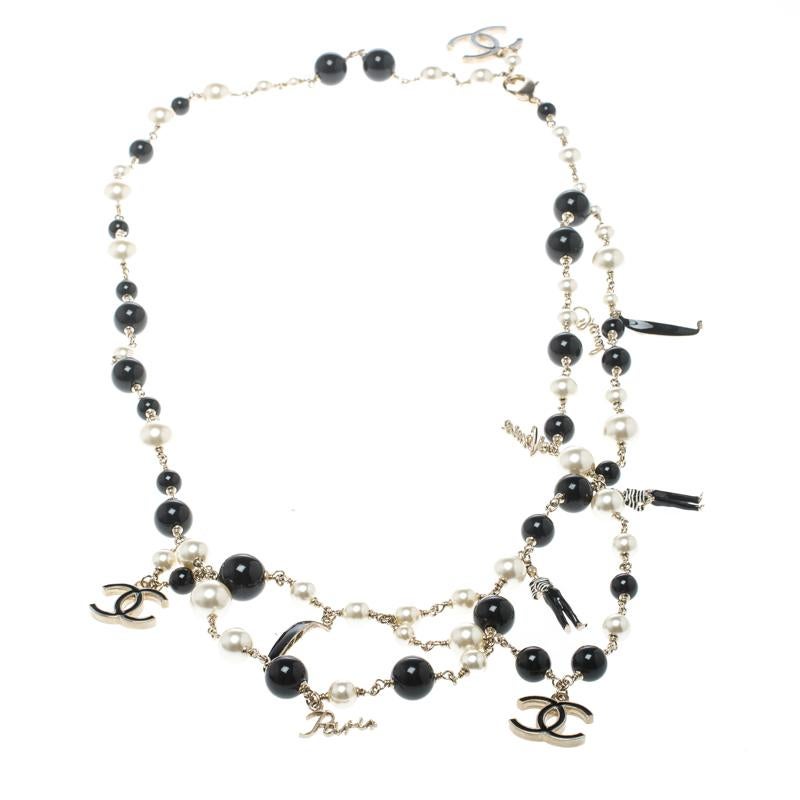 Chanel CC Faux Pearl Black Bead Gold Tone Charm Belt / Necklace