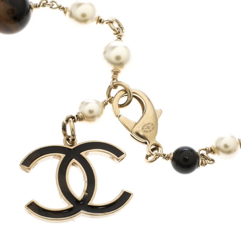 Contemporary Chanel CC Faux Pearl Black Bead Gold Tone Charm Belt / Necklace
