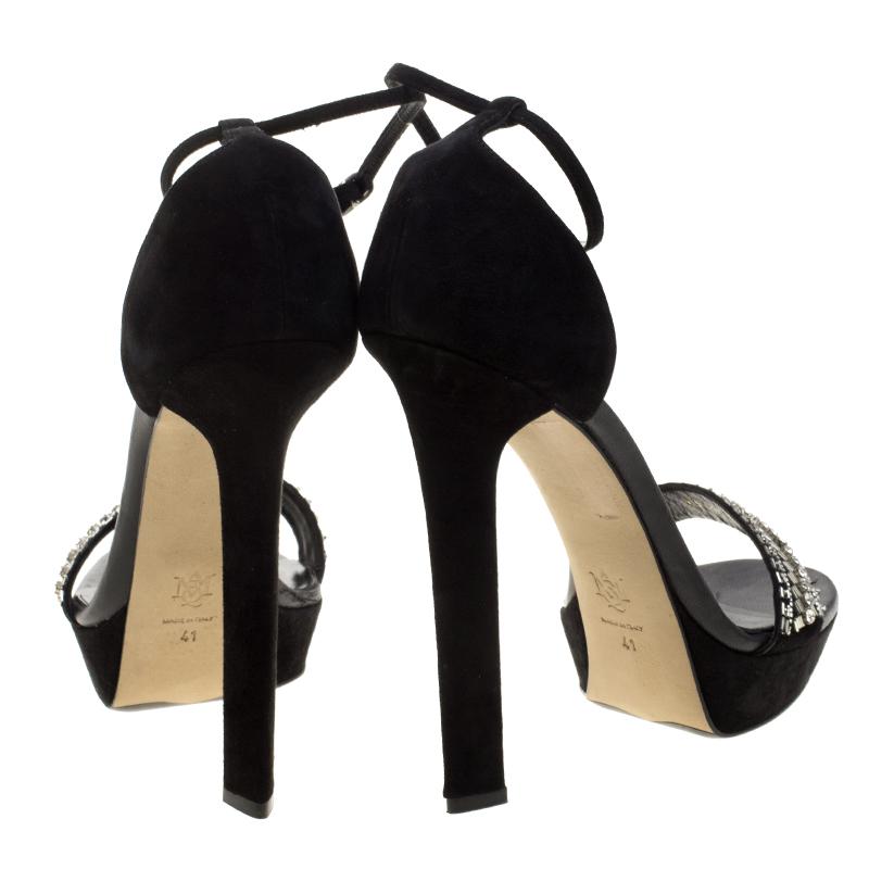 Alexander McQueen Black Crystal Embellished Suede Ankle Strap Open Toe Sandals S In New Condition In Dubai, Al Qouz 2