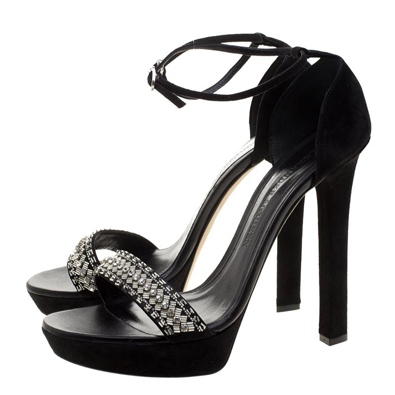Alexander McQueen Black Crystal Embellished Suede Ankle Strap Open Toe Sandals S 2