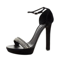 Alexander McQueen Black Crystal Embellished Suede Ankle Strap Open Toe Sandals S