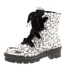 Alexander McQueen Black Suede All Over Crystals Pleat Trim Platform Biker Boots 