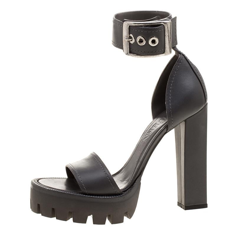 Alexander McQueen Grey Leather Ankle Strap Platform Sandals Size 39