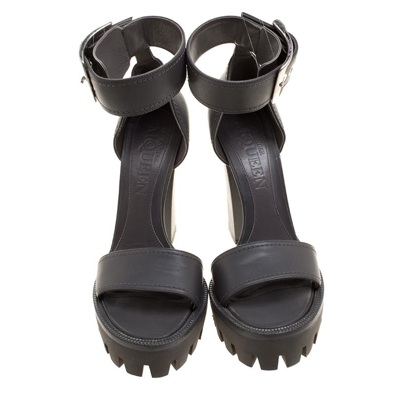 Black Alexander McQueen Grey Leather Ankle Strap Platform Sandals Size 39