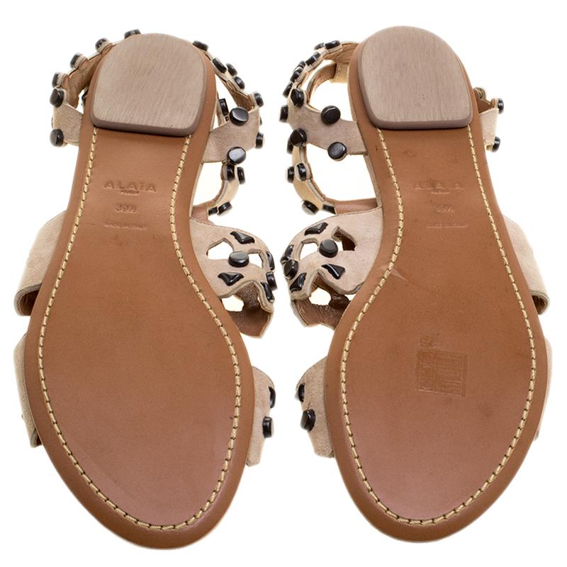 Alaia Beige Stud Embellished Cutout Suede Ankle Strap Flat Sandals Size 39.5 1