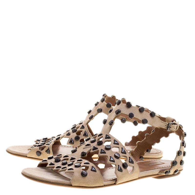 Alaia Beige Stud Embellished Cutout Suede Ankle Strap Flat Sandals Size 39.5 In New Condition In Dubai, Al Qouz 2
