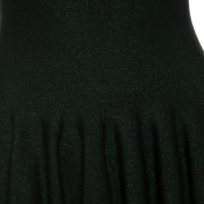 Alaia Black and Green Lurex Knit V Neck Sleeveless Fit and Flare Dress M 1