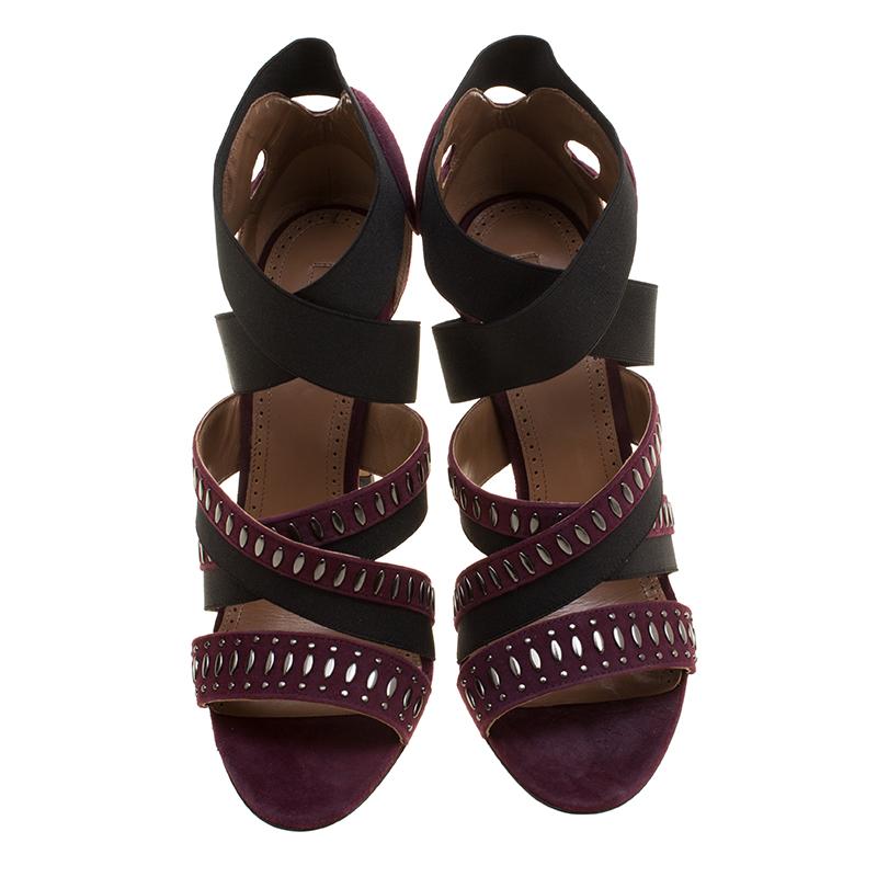 Black Alaia Bordeaux Studded Suede Cross Strap Peep Toe Sandals Size 41