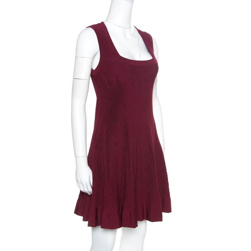Brown Alaia Maroon Pleated Square Neck Sleeveless Dress M