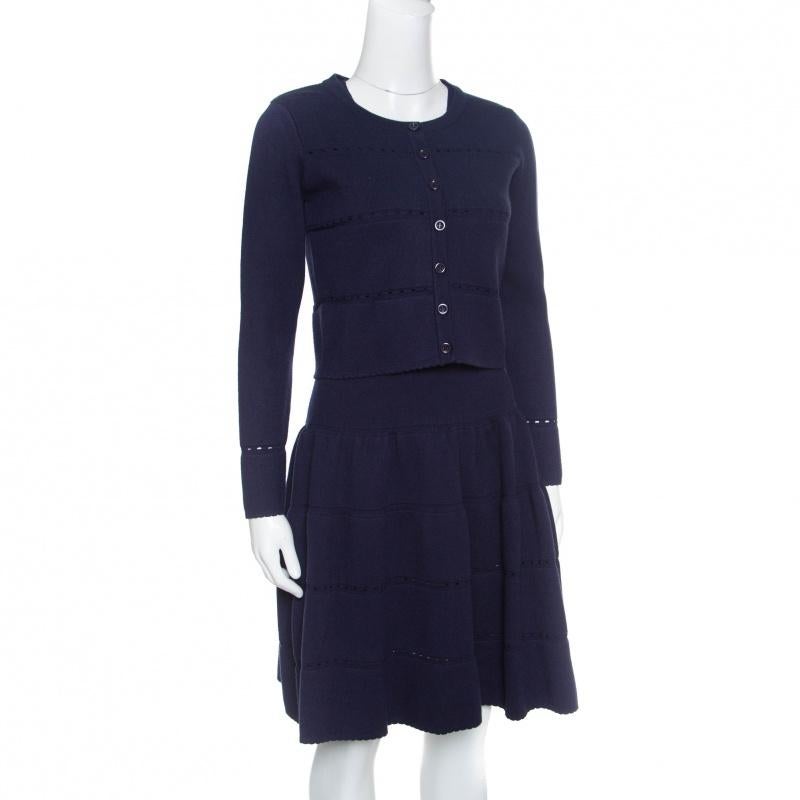 Black Alaia Navy Blue Wool Blend Cropped Cardigan and Flared Dress Set M