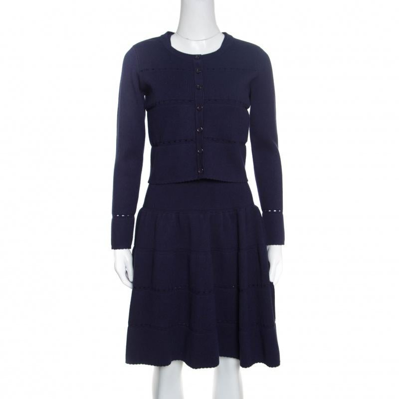 Alaia Navy Blue Wool Blend Cropped Cardigan and Flared Dress Set M 3