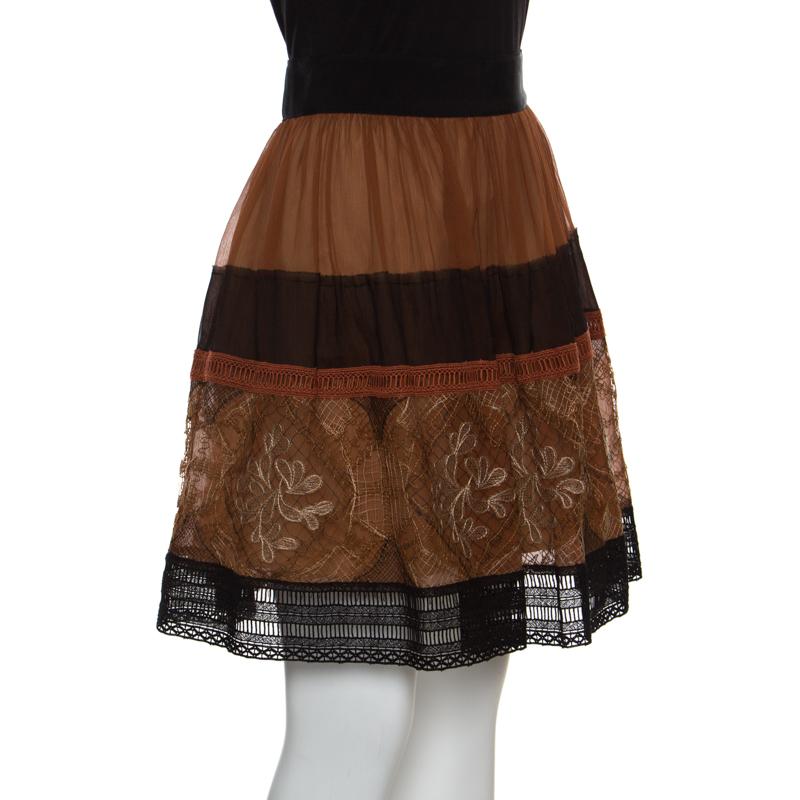 Alberta Ferretti Brown Silk Colorblock Lace Panel Detail Gathered Skirt L In Good Condition In Dubai, Al Qouz 2