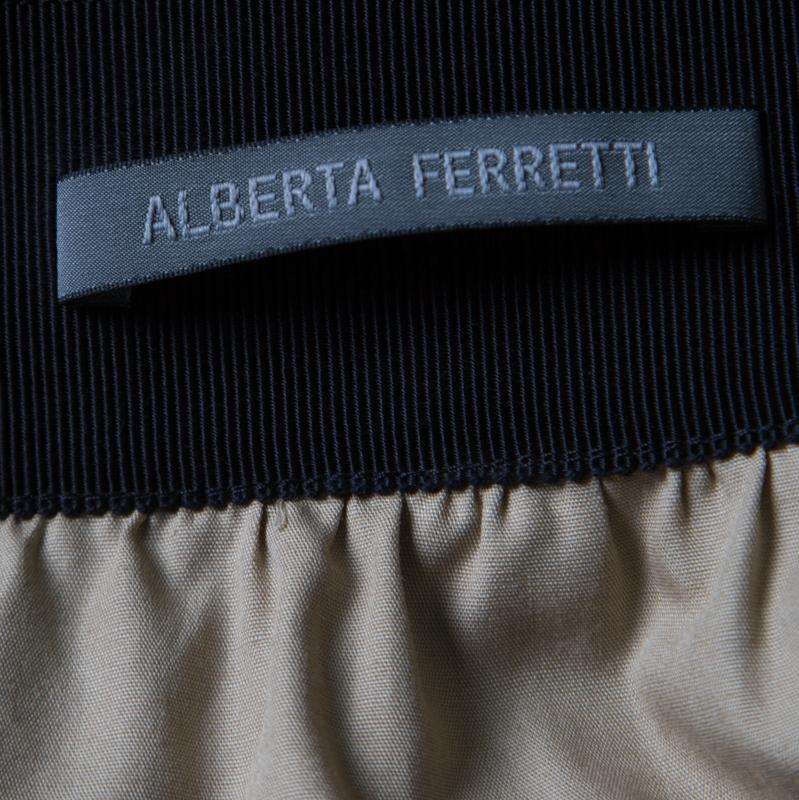 Women's Alberta Ferretti Brown Silk Colorblock Lace Panel Detail Gathered Skirt L
