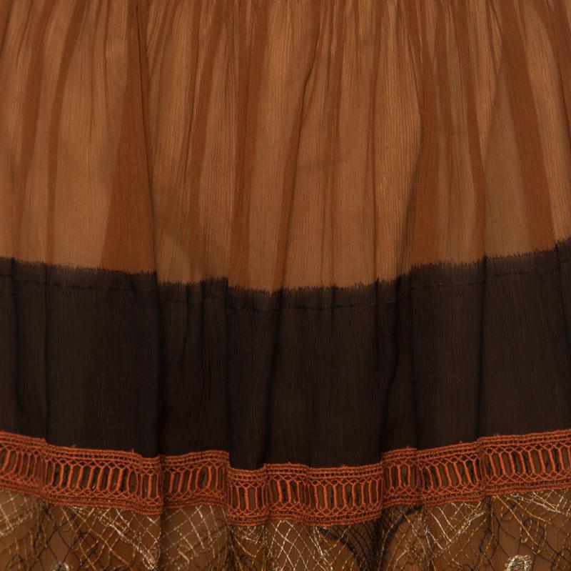 Alberta Ferretti Brown Silk Colorblock Lace Panel Detail Gathered Skirt L 2