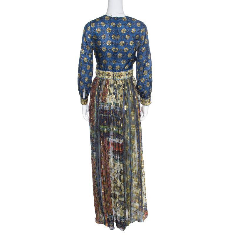 Gray Alberta Ferretti Printed Silk Lurex Jacquard Peasant Sleeve Maxi Dress S