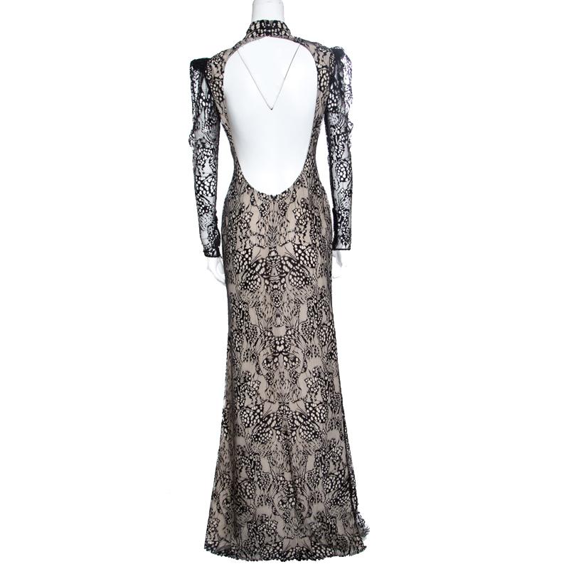 Gray Alexander McQueen Beige and Black Backless Butterfly Lace Gown M