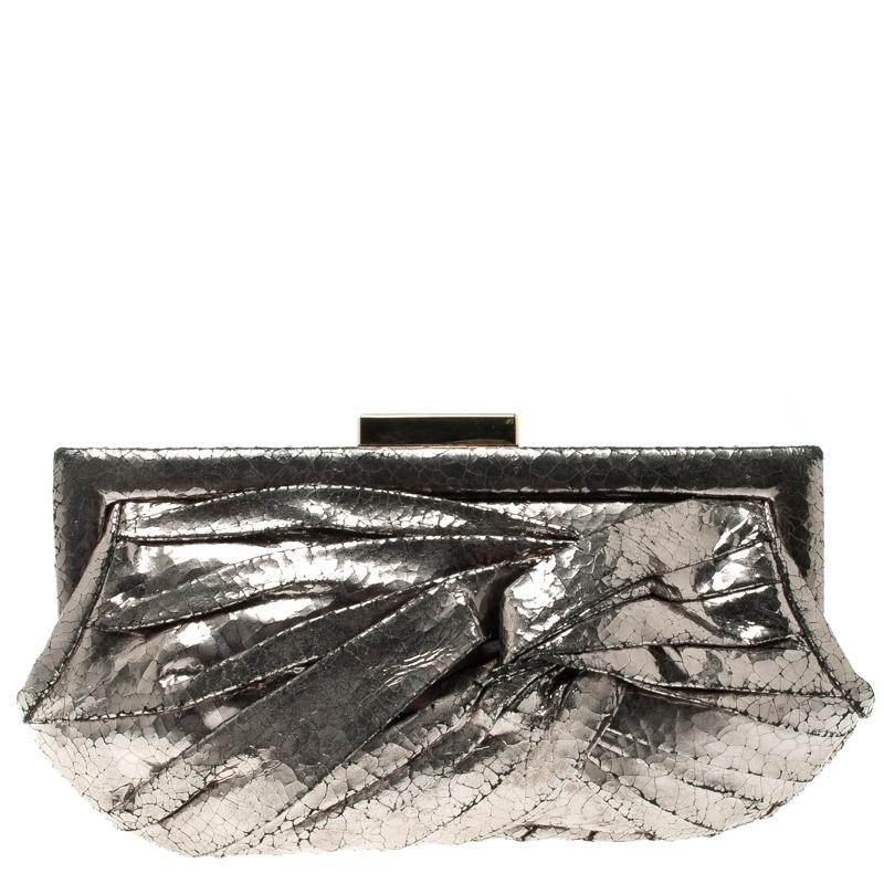 Anya Hindmarch Metallic Silver Crackled Leather Frame Clutch