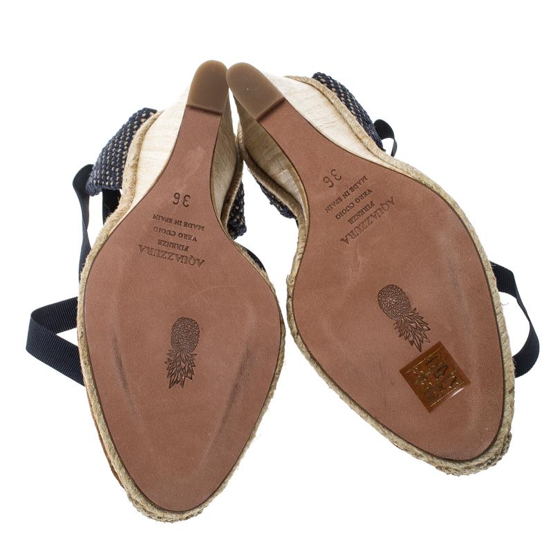 Women's Aquazzura Brown/Navy Blue Suede and Grosgrain Malibu Wedge Espadrille Sandals Si