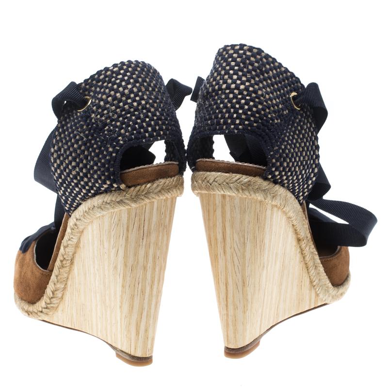 Aquazzura Brown/Navy Blue Suede and Grosgrain Malibu Wedge Espadrille Sandals Si 2