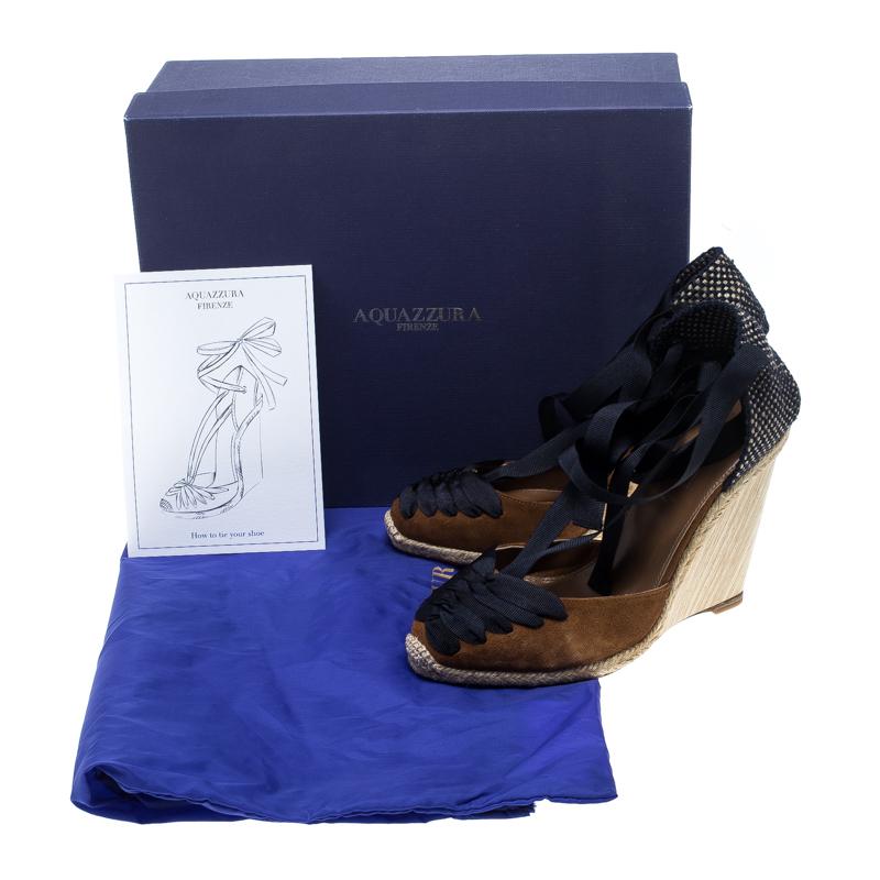 Aquazzura Brown/Navy Blue Suede and Grosgrain Malibu Wedge Espadrille Sandals Si 3