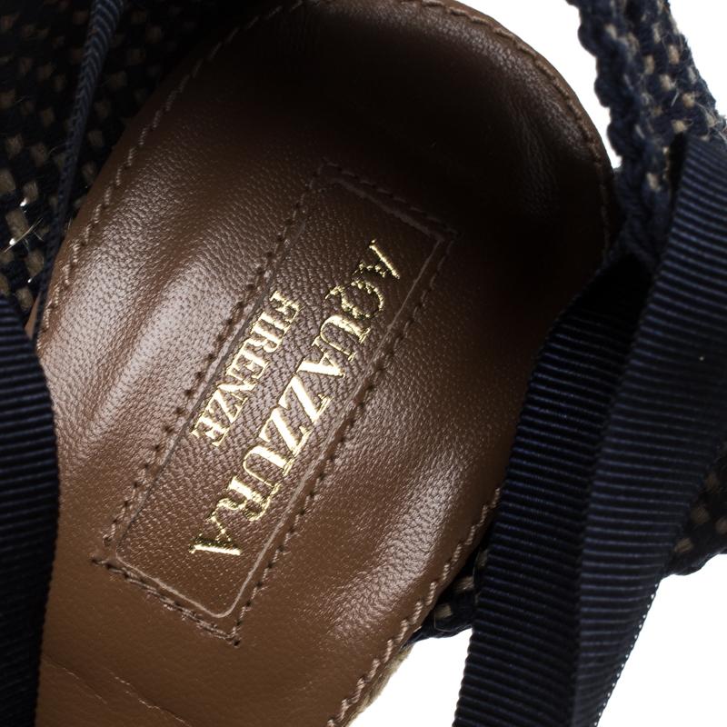 Aquazzura Brown/Navy Blue Suede and Grosgrain Malibu Wedge Espadrille Sandals Si 1