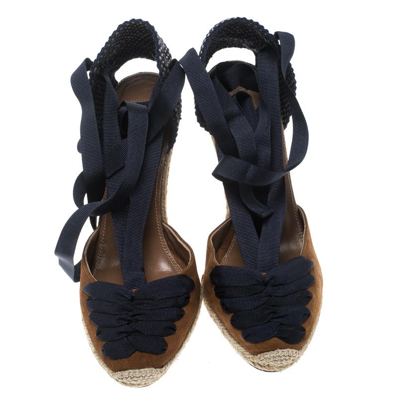 Black Aquazzura Brown/Navy Blue Suede and Grosgrain Malibu Wedge Espadrille Sandals Si