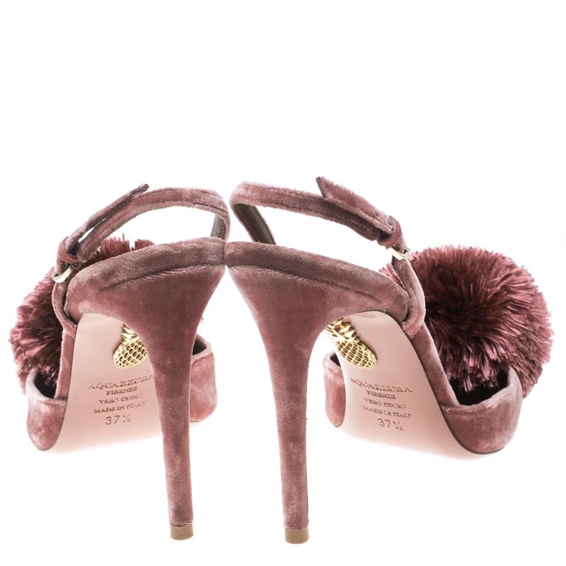 Aquazzura Pink Velvet Powder Puff Pointed Toe Slingback Sandals Size 37.5 In Good Condition In Dubai, Al Qouz 2