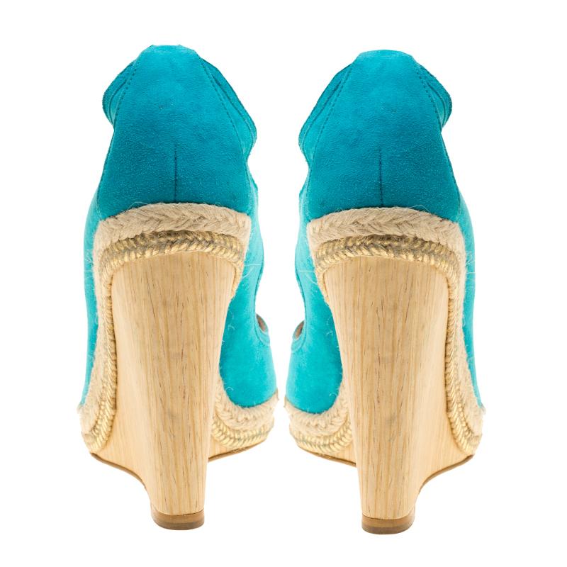 Aquazzura Turquoise Blue Suede Christie Wedge Espadrille Lace Up Open Toe Sandal 1