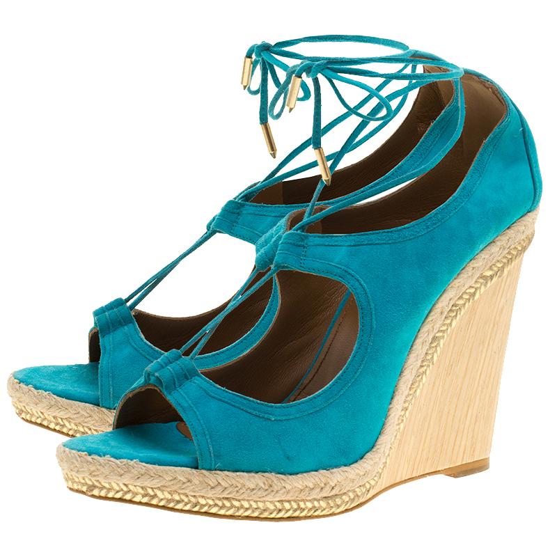 Aquazzura Turquoise Blue Suede Christie Wedge Espadrille Lace Up Open Toe Sandal In Good Condition In Dubai, Al Qouz 2