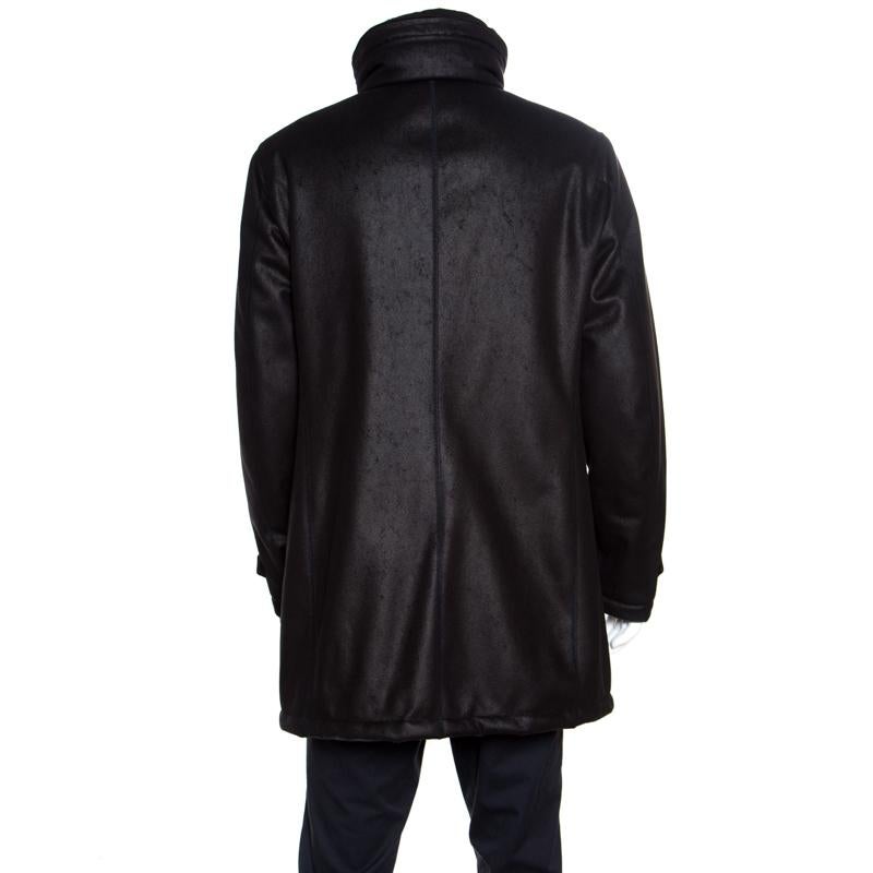 Armani Collezioni Black Faux Leather Shearling Lined Hooded Overcoat XXL In Good Condition In Dubai, Al Qouz 2