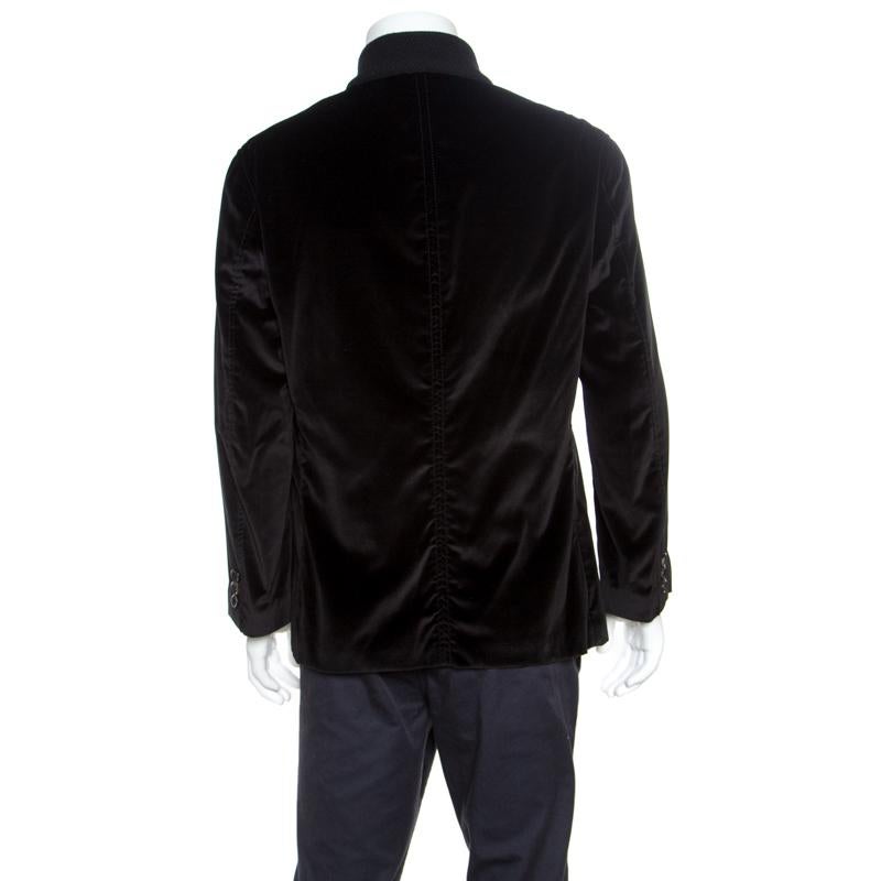 Armani Collezioni Black Velvet Knit Collar Detail Button Front Jacket XXXL In Good Condition In Dubai, Al Qouz 2