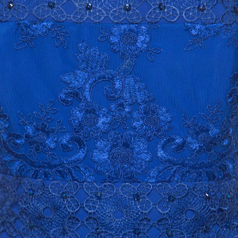 Badgley Mischka Cobalt Blue Floral Embroidered Tulle Embellished Gown M ...