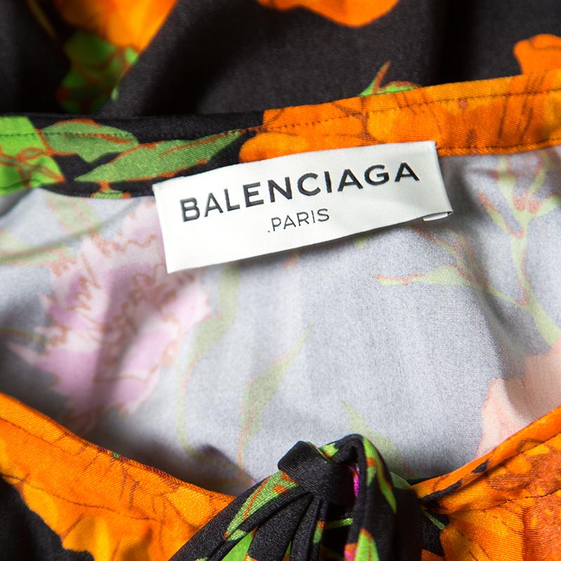 Balenciaga Black Floral Printed Neck Tie Detail Oversized Kaftan Dress S In Excellent Condition In Dubai, Al Qouz 2