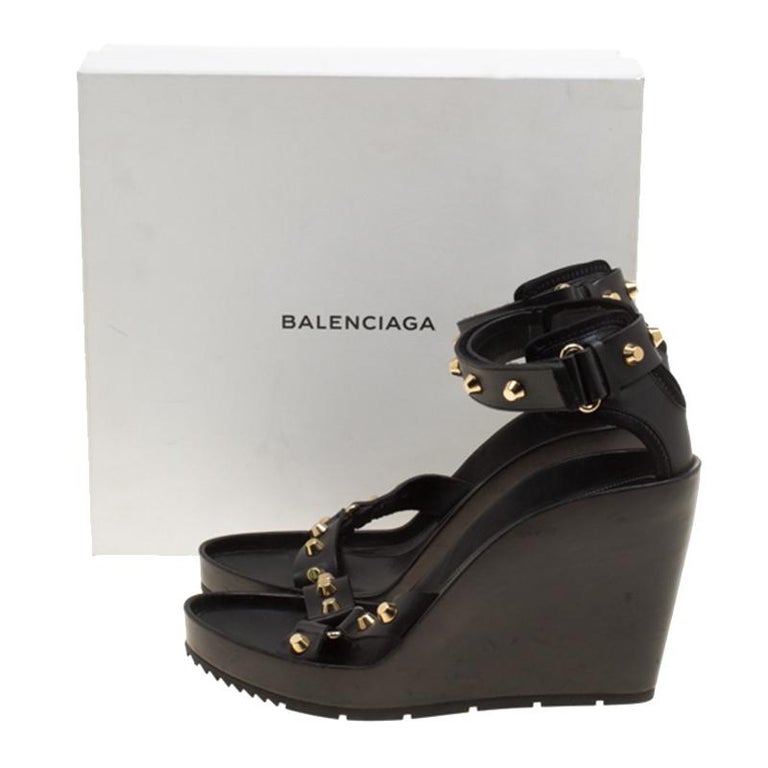 Balenciaga Black Leather Arena Studded Wedge Sandals Size 41 at 1stDibs | balenciaga  studded wedge sandal