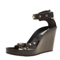 Balenciaga Black Leather Arena Studded Wedge Sandals Size 41