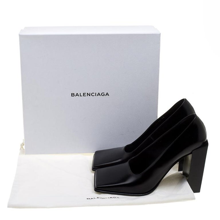 Balenciaga Black Leather Quadro Square Toe Block Heel Pumps Size 38 at  1stDibs | square heel pumps, balenciaga quadro boots, square toe pump