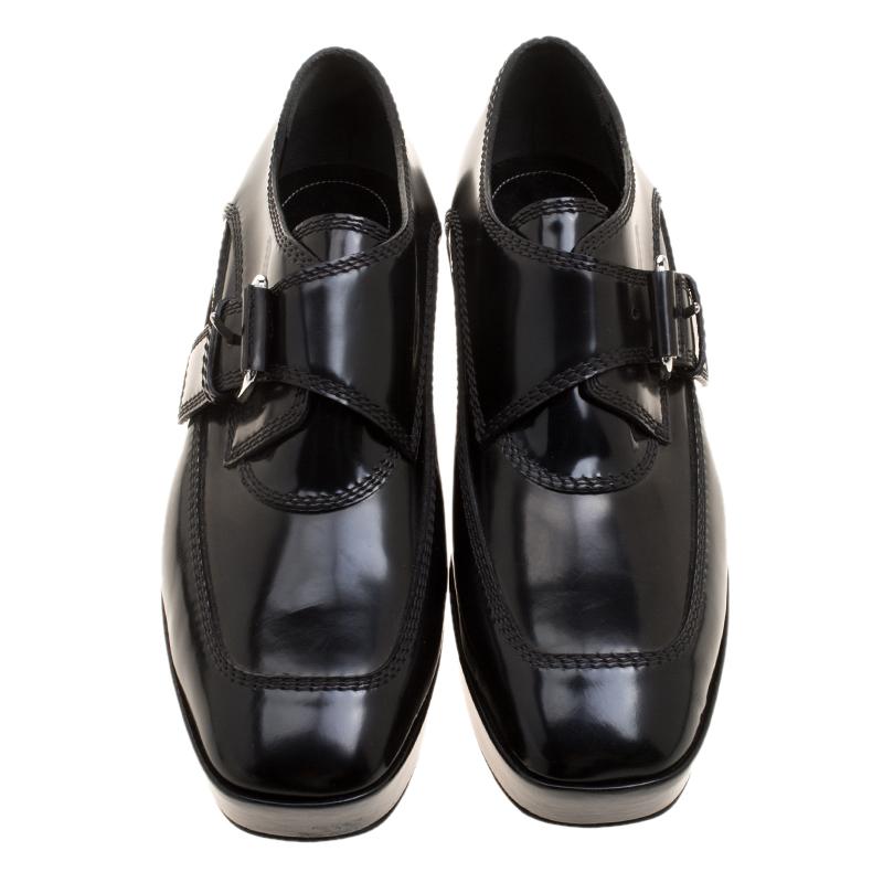Balenciaga Black Patent Leather Monk Strap Platform Loafers Size 35 In New Condition In Dubai, Al Qouz 2
