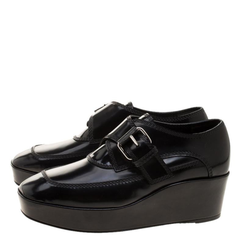 Women's Balenciaga Black Patent Leather Monk Strap Platform Loafers Size 35