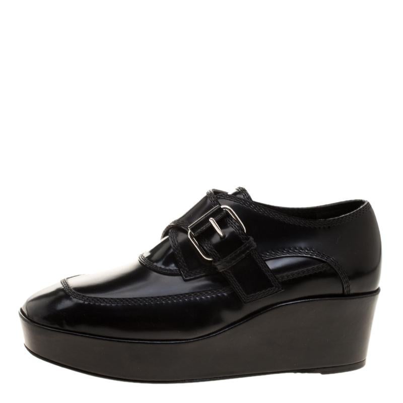 Balenciaga Black Patent Leather Monk Strap Platform Loafers Size 35