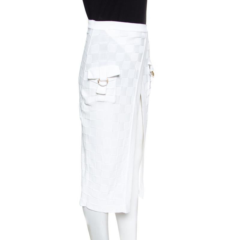 Gray Balmain White Checkered Knit Patch Pocket Detail Faux Wrap Skirt S
