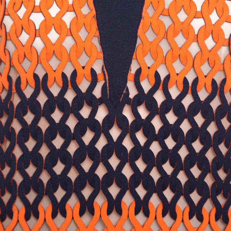 Balenciaga Blue and Neon Orange Open Loop Weave Detail Sleeveless Top S 2