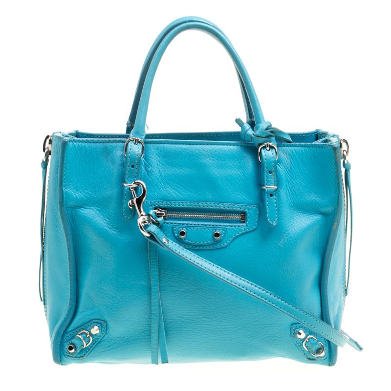 Balenciaga Caribbean Blue Leather Mini Papier A4 Magnet Top Handle Shoulder Bag