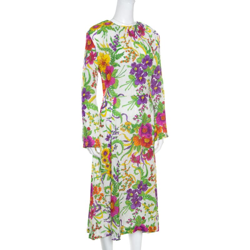 Beige Balenciaga Crinkled Floral Print Side Zip Detail Oversized Midi Dress M