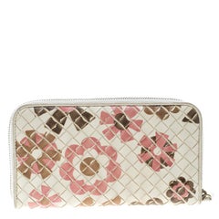 Bottega Veneta Off White Multicolor Print Intrecciato Nappa Leather Zip Wallet