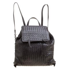 Veneta Dark Brown Intrecciato Leather Drawstring Flap Backpack